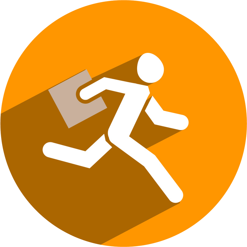 Orange and white icon of person running holding leaflet